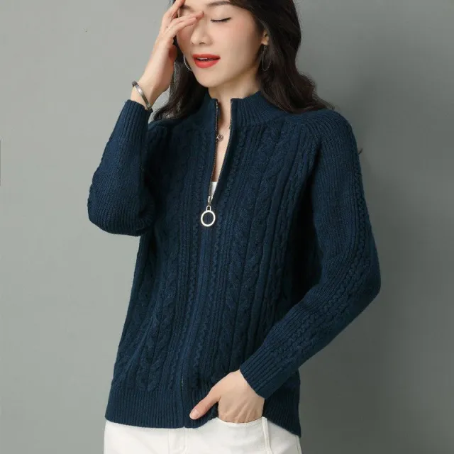 Women's Solid Color Zipper Sweater Loose Long Sleeve Jacket Dark Blue - Shop at LoveMi