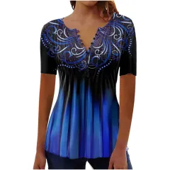 Women's Digital 3D Printed Pleated Round Neck T-shirt - Bddkzz011-L - View 1
