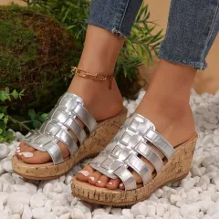 New European And American Wedge Peep Toe Roman Style Sandals - Silver - View 1