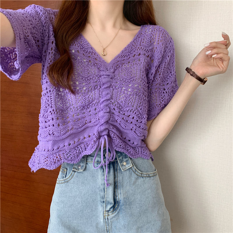 Drawstring V Neck Short Sweater Purple - Shop at LoveMi