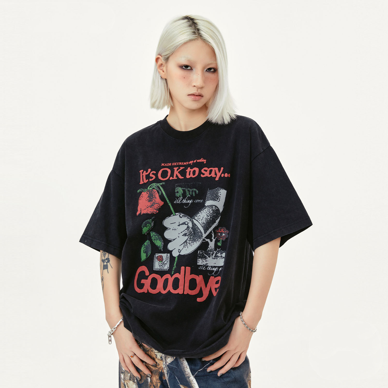 Women's Fashion Wash Vintage American-style Rose Short-sleeved T-shirt