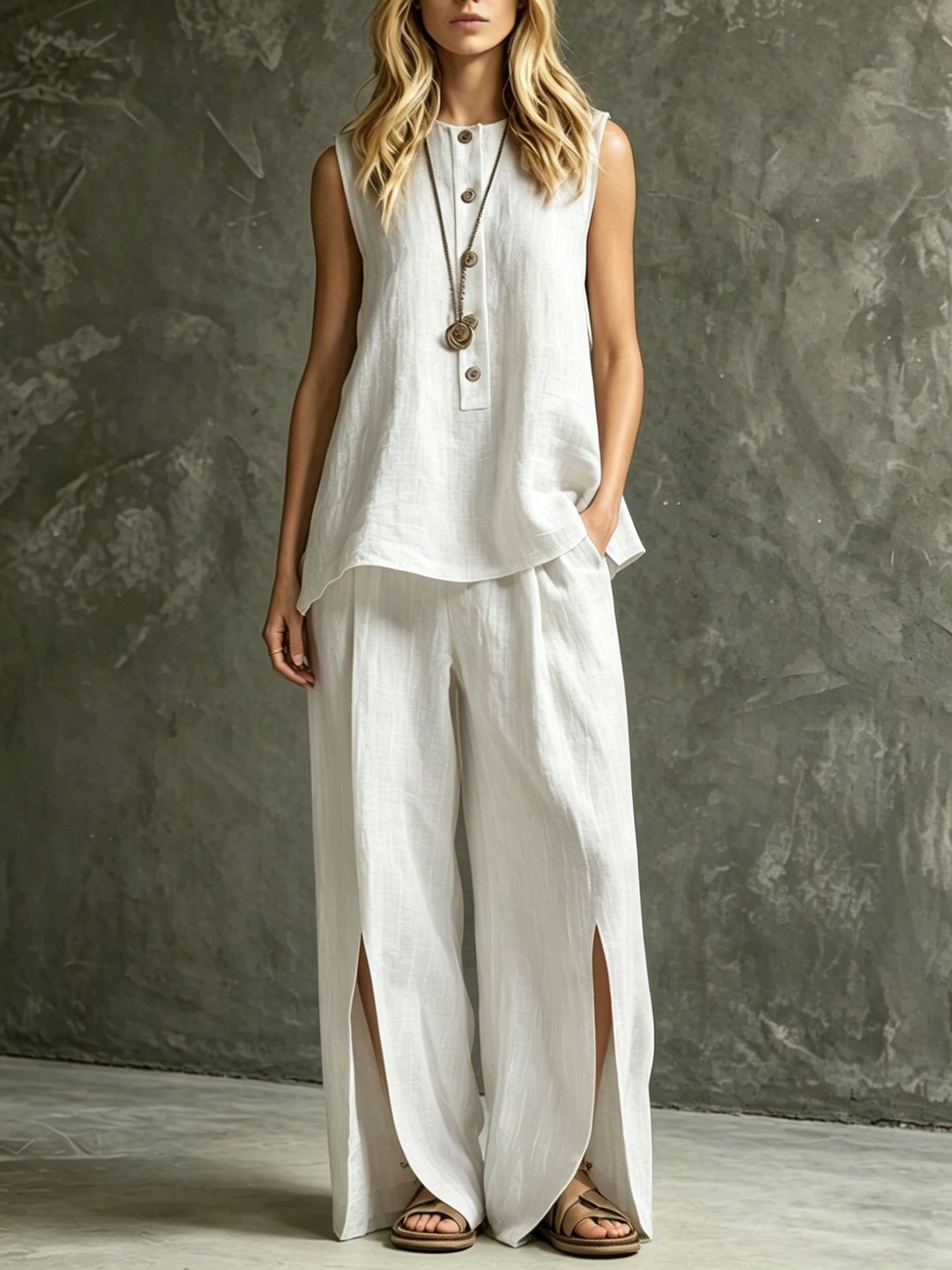 Women's loose sleeveless tank top and slit wide-leg pants set in khaki – front view