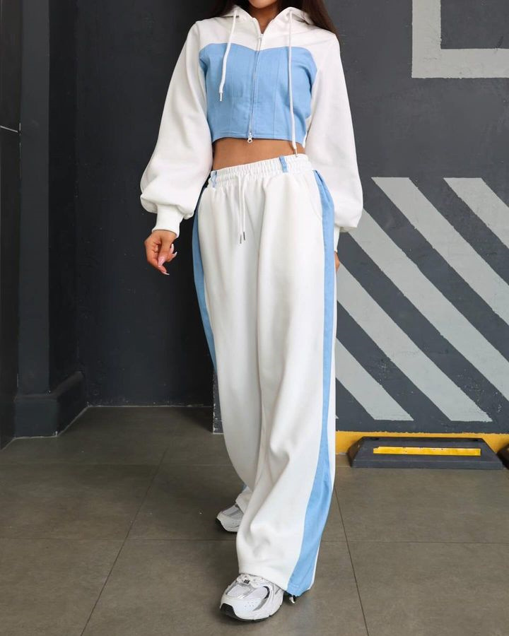 Fashion Casual Sweater Suit Denim Stitching Hooded Top And Trousers Women's Clothing