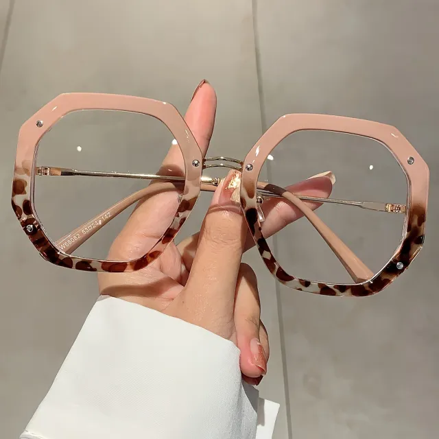 Fashionable Polygonal frame Euro American Style Trendy Hip hop Oversized Plain Glasses Leopard - Shop at LoveMi