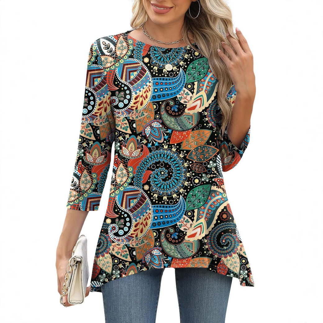 Women's Three-quarter Sleeve Waist Loose Round Neck Casual Top