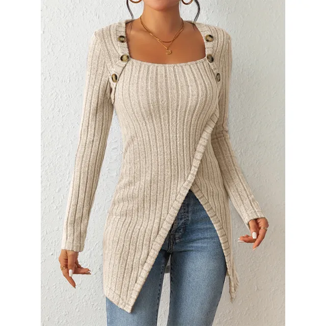 Woman Square neck Off shoulder Slit Sweater Apricot - Shop at LoveMi