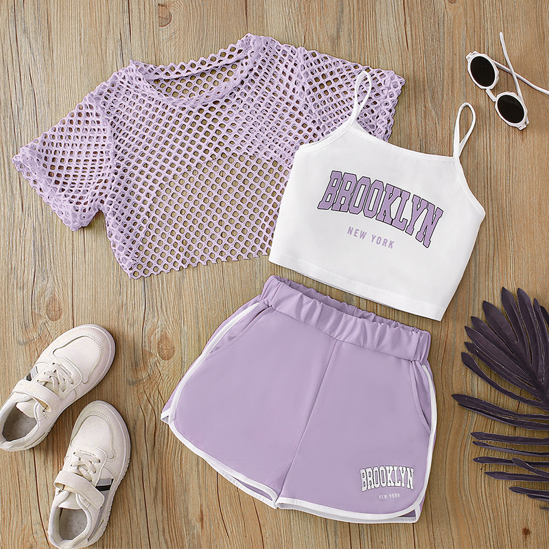 Summer New Mesh Shirt Short-Sleeve Top Pullover Three-Piece Set