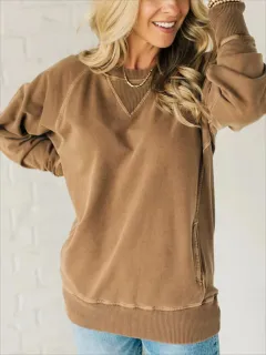 Women's Autumn Batwing Sleeve Ribbed Pocket Round Neck Sweater - Camel - View 1