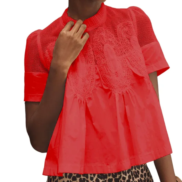 Women's Fashionable Lace trimmed Crew neck Embroidered Solid color Loose Top Red - Shop at LoveMi