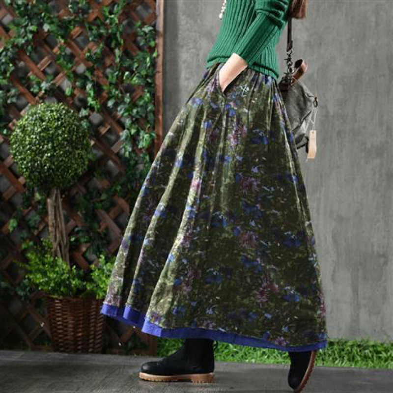 Retro Artistic Floral Slimming Skirt Double Layer Wide Hem Flowy Green - Shop at LoveMi