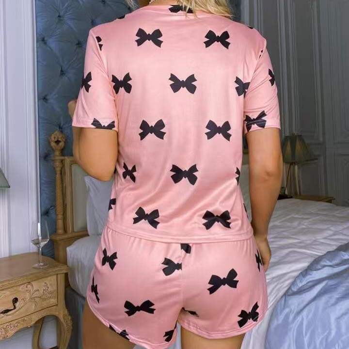 Round Neck T-shirt Pajamas Shorts Sweet Two-piece Set Suit