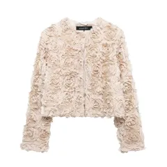 Fashion Short Textured Floral Casual Jacket Coat - Floral - View 1