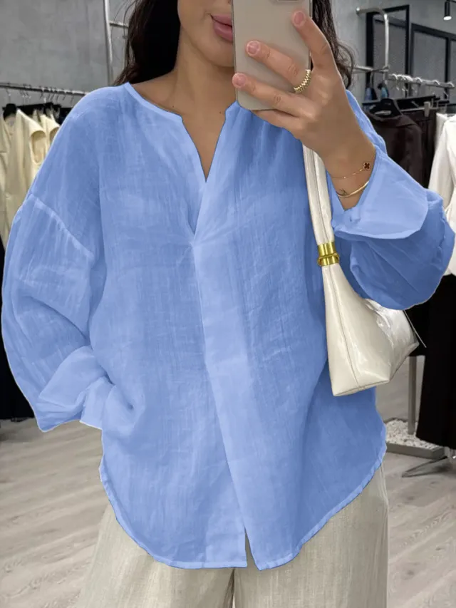 Casual Long Sleeve V neck Regular Multicolor Women's Tops Blouse Sky Blue - Shop at LoveMi