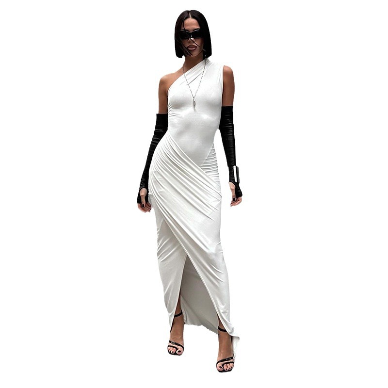 Women's Solid Color Long Dress Casual Diagonal Collar Sleeveless Slim One Shoulder Dress
