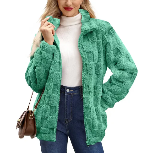 Women's Zipped Stand Collar Loose Jacquard Square Plaid Plush Coat Green - Shop at LoveMi