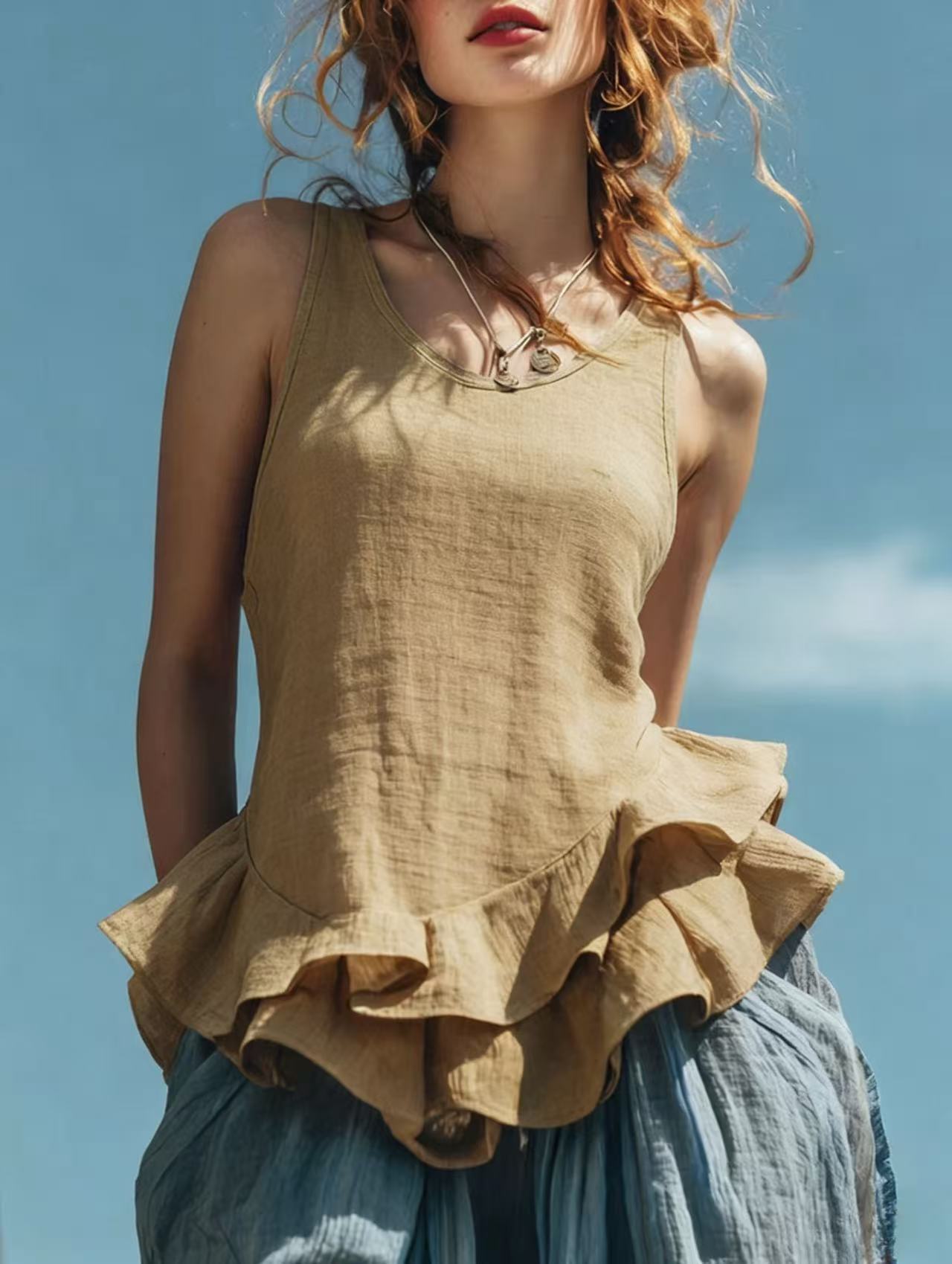 Casual Fashion Sleeveless Top With A Ruffled Hem 10