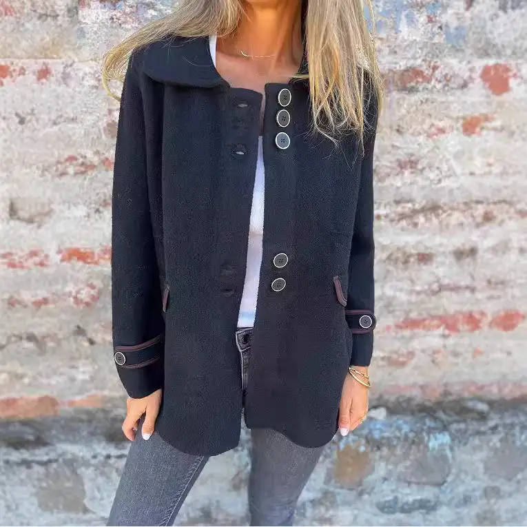 Solid Color Polo Collar Single-breasted Long Sleeve Coat