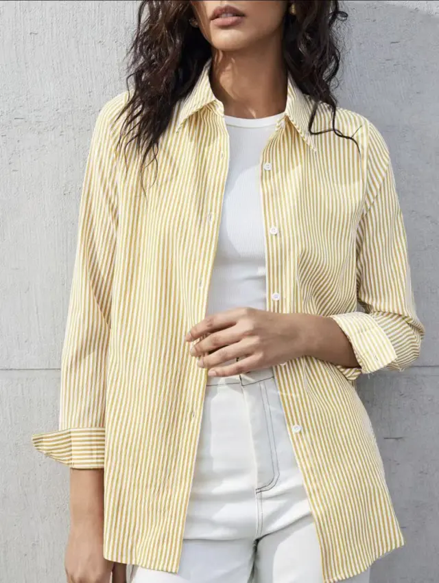 Women's Casual Single breasted Striped Long sleeved Shirt Yellow - Shop at LoveMi