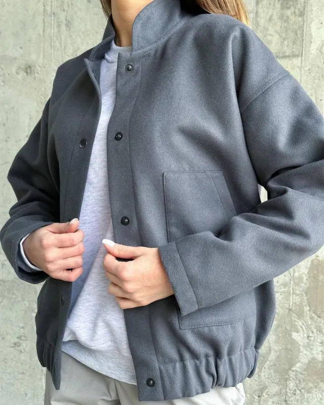 Stand up Collar All match Top Long Sleeve Jacket Coat Lead Gray - Shop at LoveMi