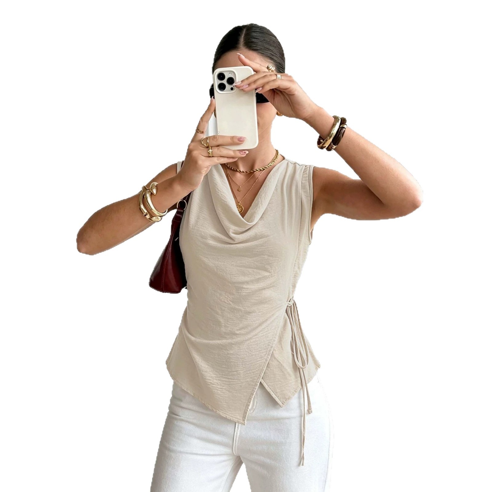 Khaki Sleeveless Top with Scoop Neck