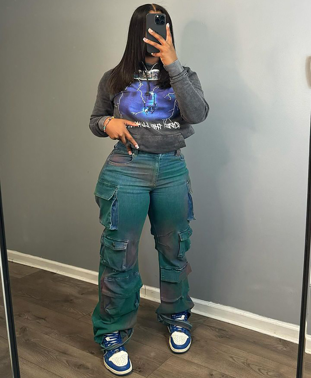 Fashion Personality Trend Multi pocket Tie dyed Jeans High Waist Straight Pants Green - Shop at LoveMi