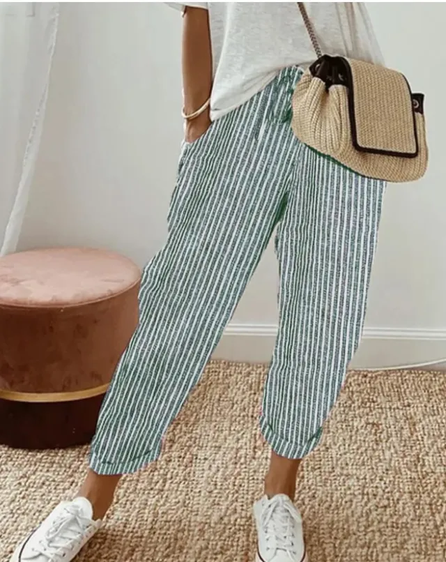 Summer Stripes Casual Pants Loose Elastic Waist Women Green - Shop at LoveMi