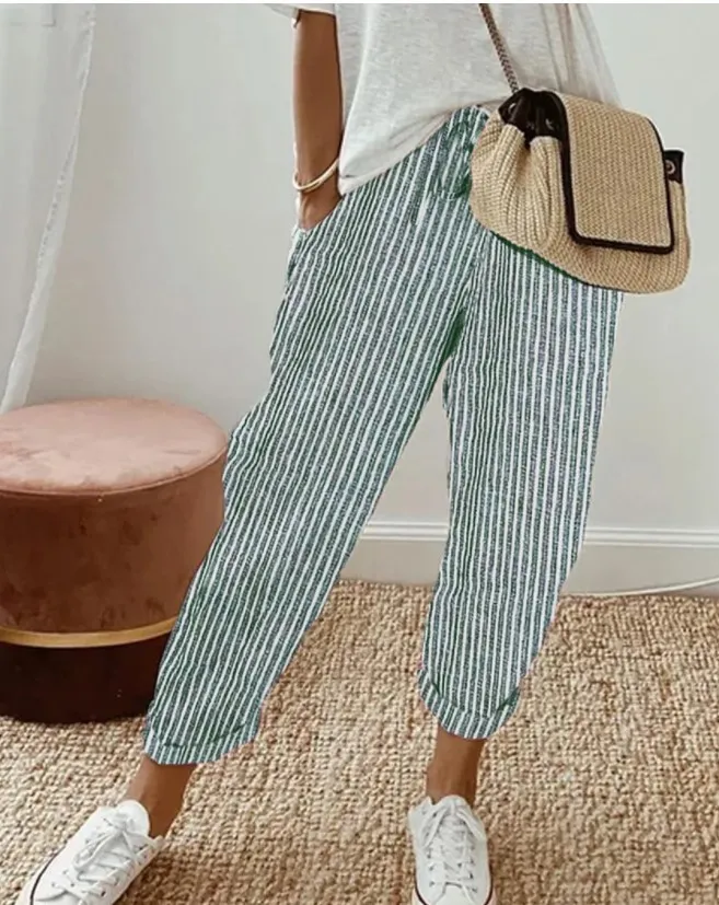Summer Stripes Casual Pants Loose Elastic Waist Women - Green
