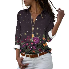 Flower 3D Digital Printing Long Sleeve Lapel Shirt - P03727 - View 1