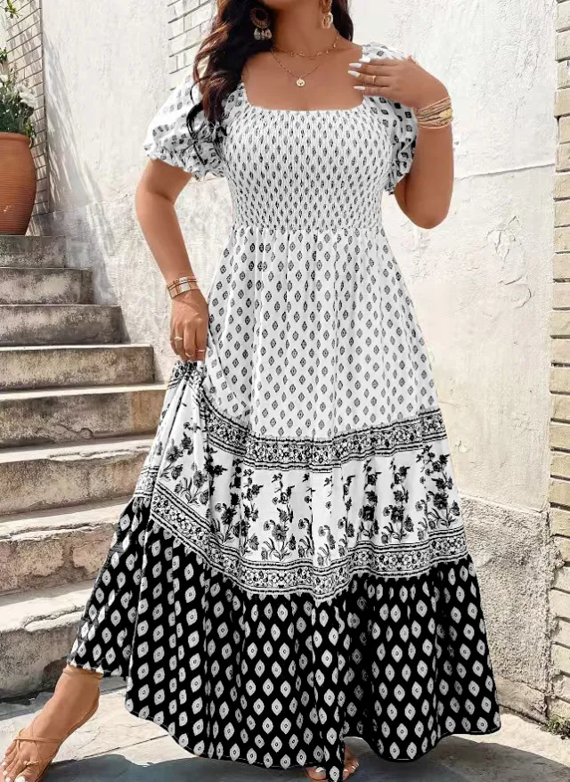 Bohemian Short sleeve Smocked Dress With Positioning Print White - Shop at LoveMi