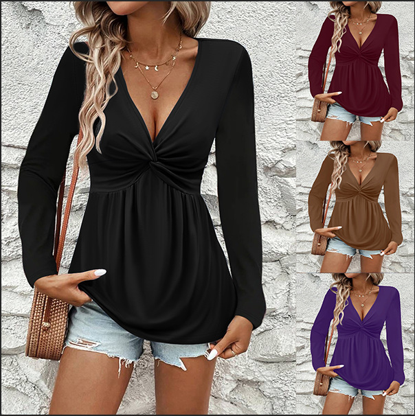 New Womens Twist-knit Solid-color V-neck Long-sleeve Top