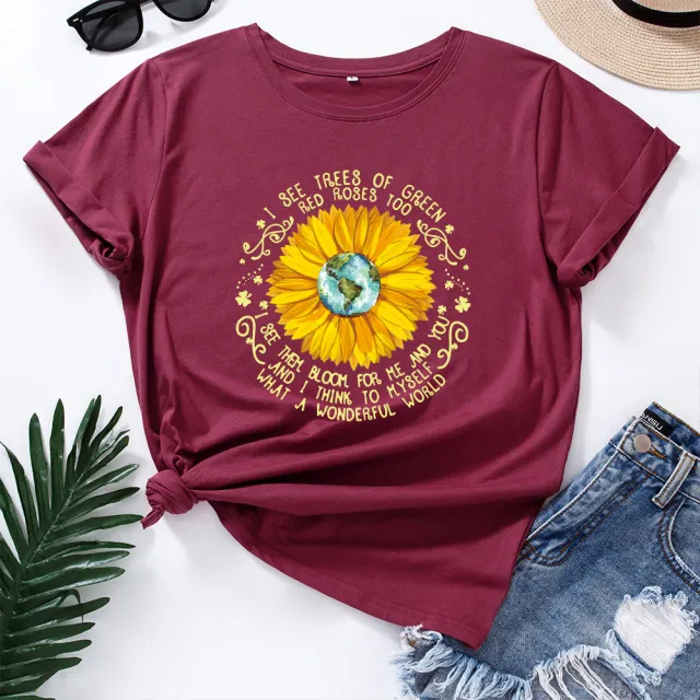Bee Festival European And American Loose Round Neck Sunflower Short Sleeve Wine Red - Shop at LoveMi