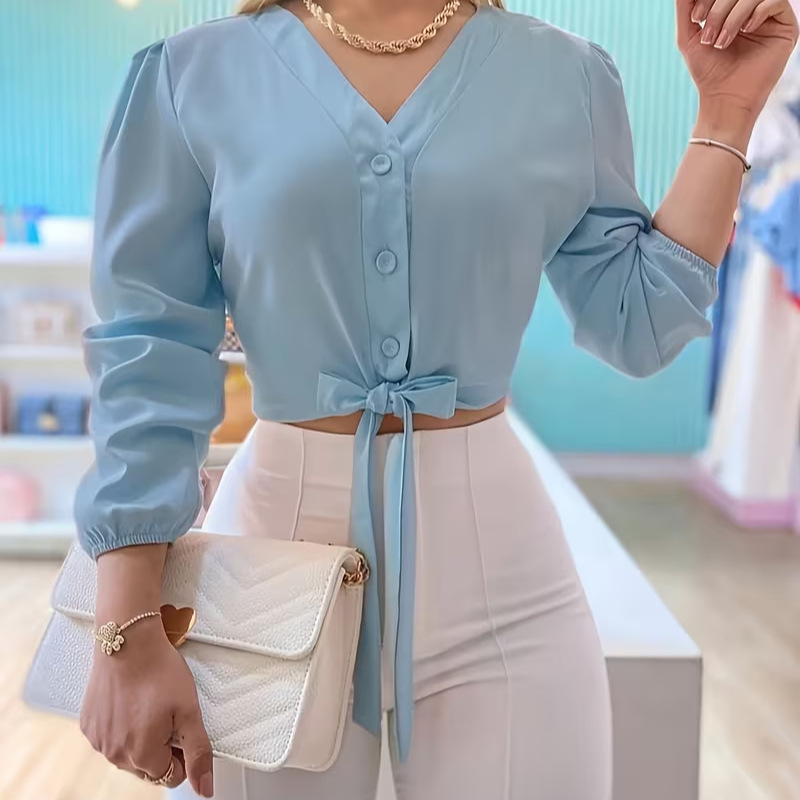 Long-sleeve Lace-up Casual Minimalist Cropped Blouse With Puff Sleeves