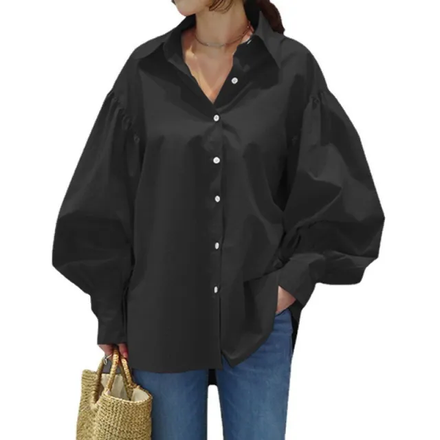 Women's Casual Shirt Lantern Sleeve Lapel Top Black - Shop at LoveMi