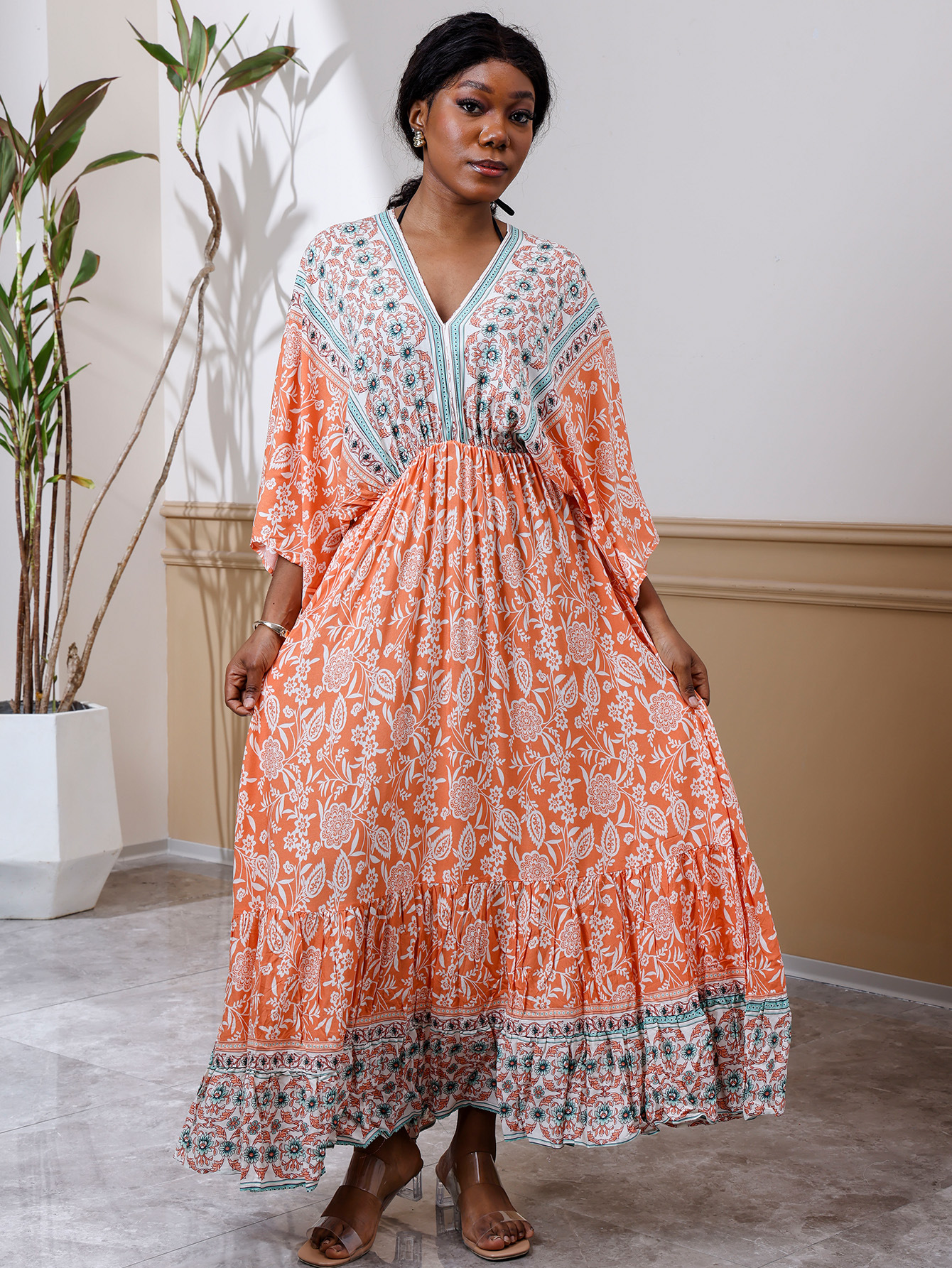 V neck Beach Vacation Bat Sleeve Bohemian Dress Orange - Shop at LoveMi