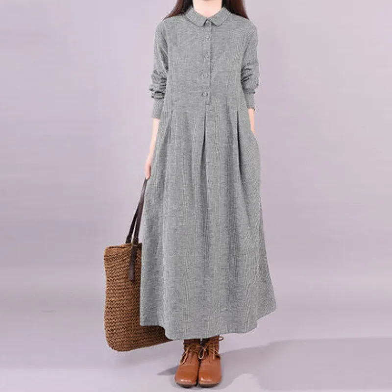 Loose Plus Size Slimming Plaid Shirtdress Long - Grey