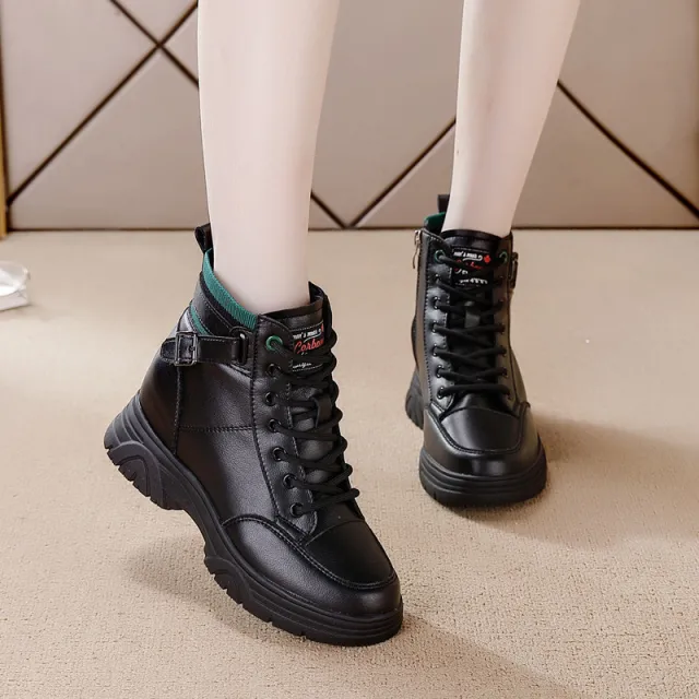 Leisure Height Increasing Insole Lace up Side Zip Short Tube Boots Black - Shop at LoveMi