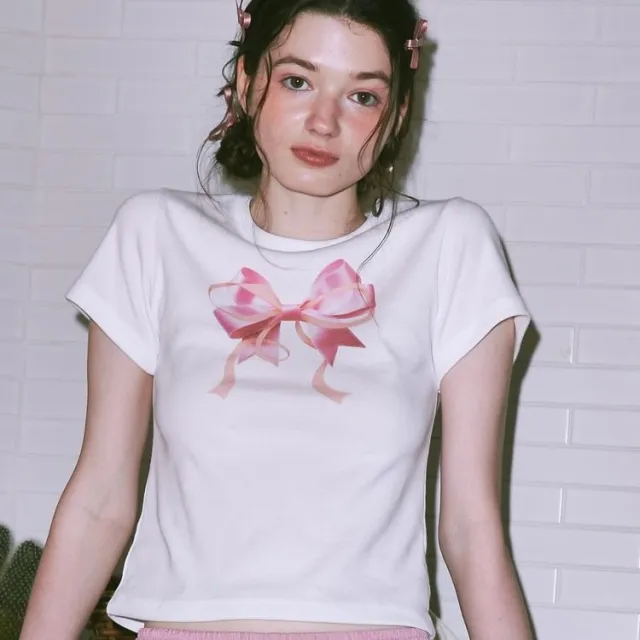 Special interest Design 23 Summer Bow Round Neck Short Sleeve T shirt Girl White Pink Printing - Shop at LoveMi