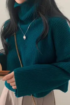 Thick Turtleneck Women's Long-sleeved Short Sweater - Blue - View 1