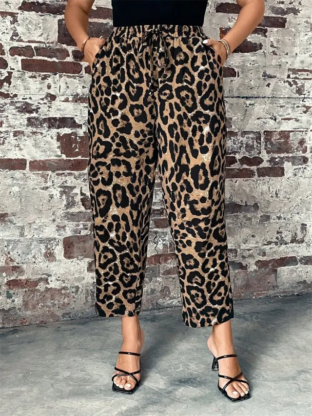 Plus Size Women's Lace up Leopard Print Woven Pants Leopard - Shop at LoveMi