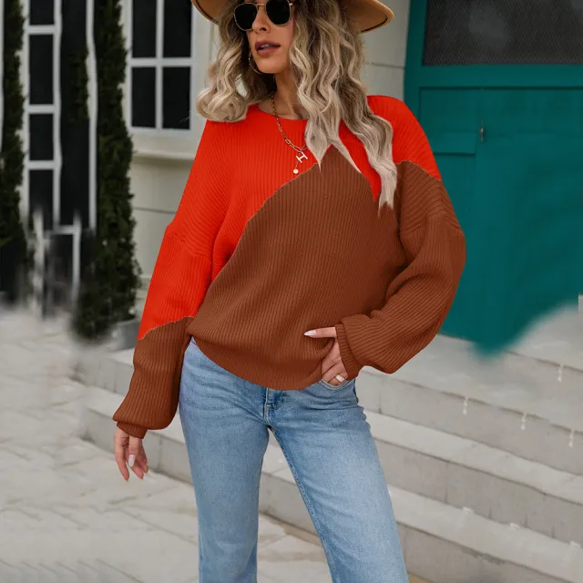 Sweater Color Matching Batwing Shirt Pullover Round Neck Sweater Sweater Brown - Shop at LoveMi