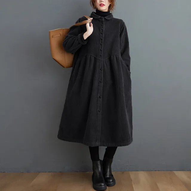 Autumn And Winter Fleece lined Long Sleeve Retro Artistic Loose Corduroy Casual Coat For Women Black - Shop at LoveMi