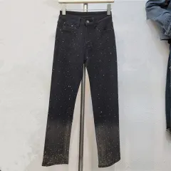 Gradient Slim Skinny Pants Slimming Heavy Industry High Temperature Rhinestone Jeans - Black - View 1