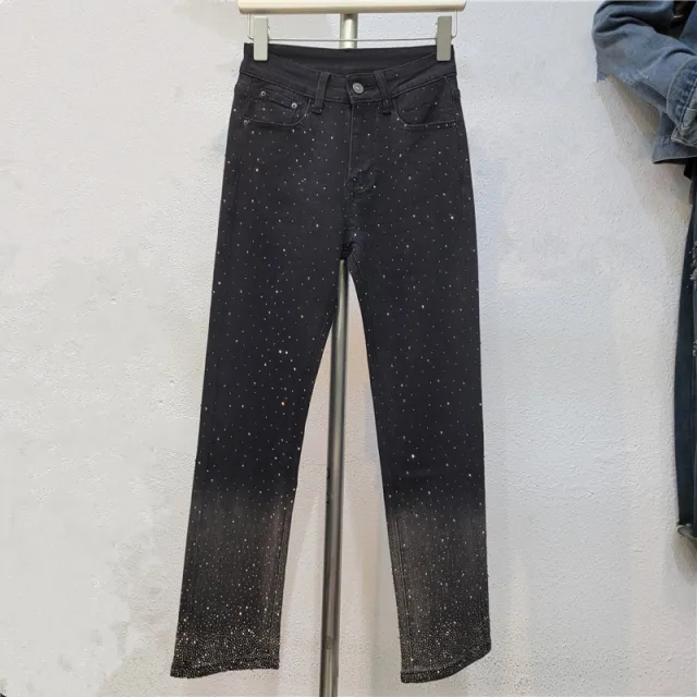 Gradient Slim Skinny Pants Slimming Heavy Industry High Temperature Rhinestone Jeans Black - Shop at LoveMi