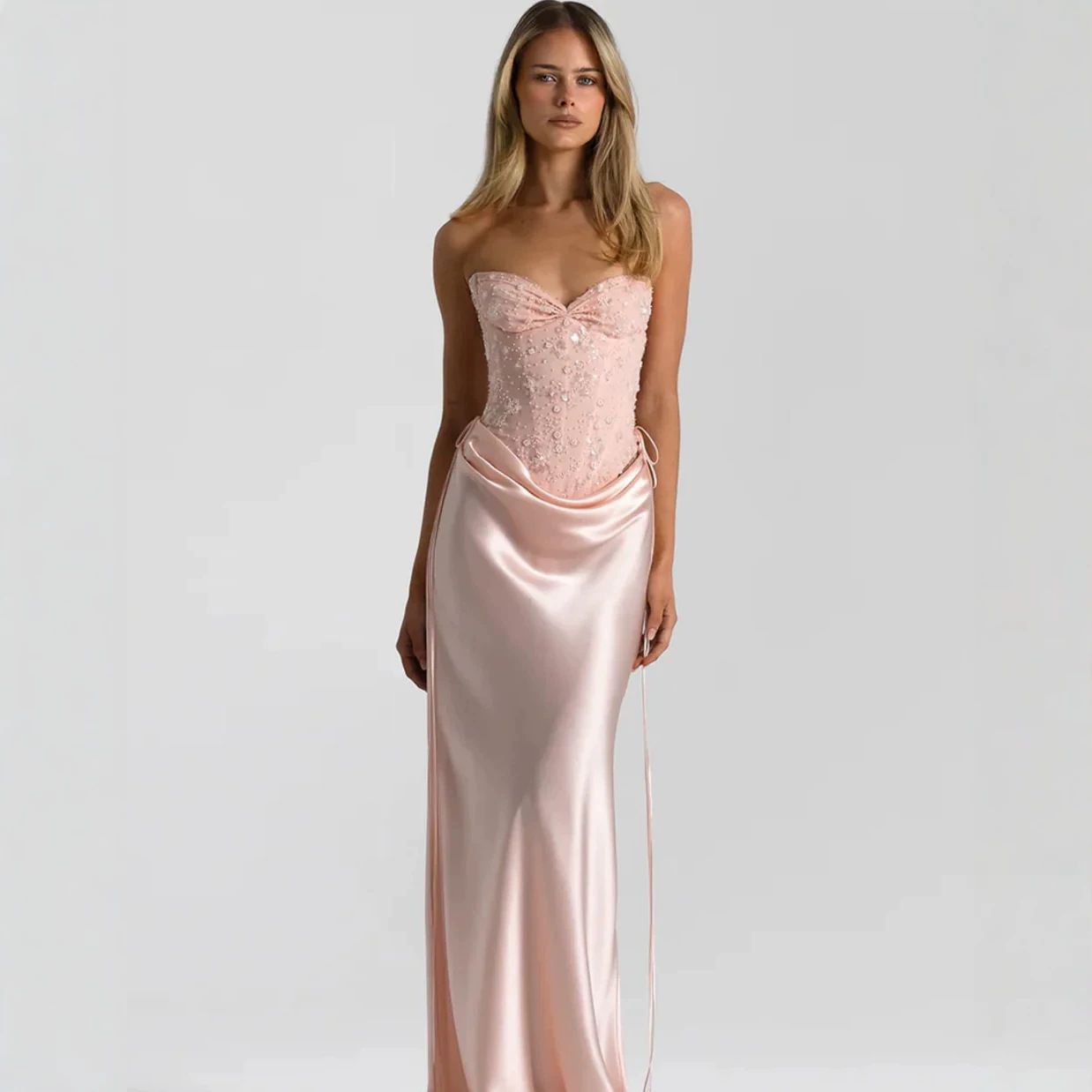 Strapless Sequined Satin Womens Figure-hugging Mermaid Gown