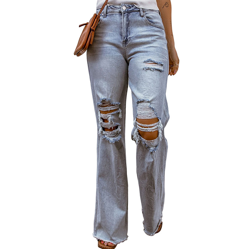 Ripped Hollow out Wide leg Cropped Pants For Women Sky Blue - Shop at LoveMi