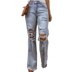 Ripped Hollow-out Wide-leg Cropped Pants For Women - Sky Blue - View 1