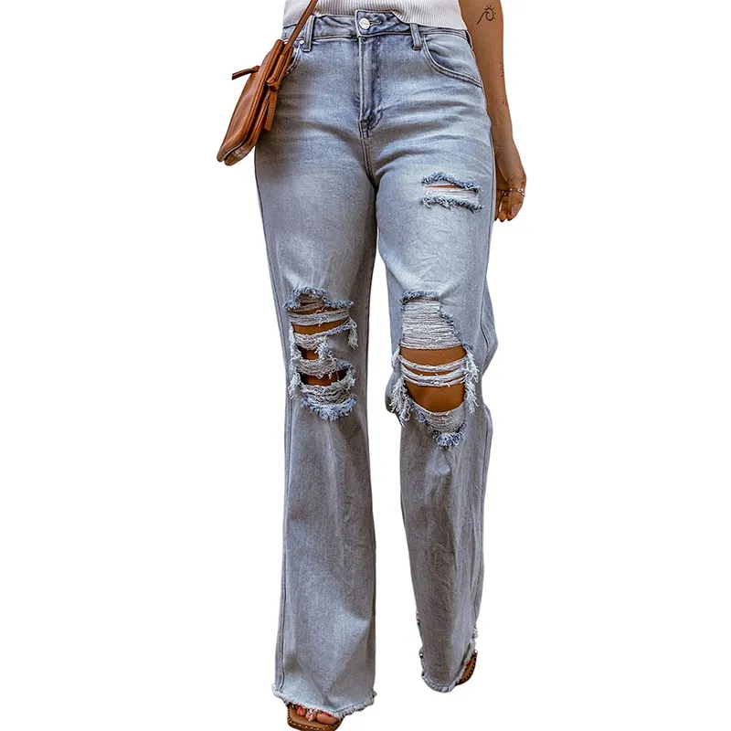 Ripped Hollow-out Wide-leg Cropped Pants For Women - Sky Blue