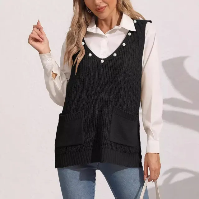 Women's Vest Double Pocket V neck Patchwork Black - Shop at LoveMi
