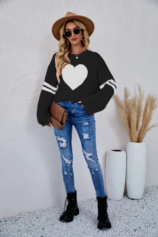 Women's Pullover Long Sleeve Love Sweater Black - Shop at LoveMi