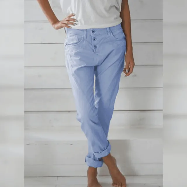 Solid Color Cotton And Linen Fashion Loose High Waist Casual Trousers Blue - Shop at LoveMi